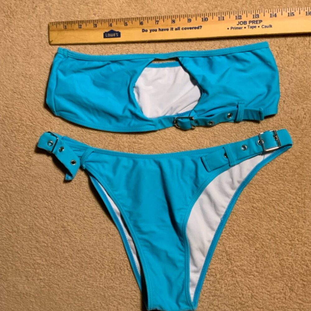 SHEIN Women LG 2 pc Teal Keyhole Tube Top Buckle Accent Bikini Bathing Swimsuit